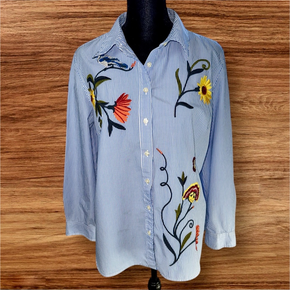 Talbots Floral Embroidered Pinstripe Button Down Shirt PETITE LARGE